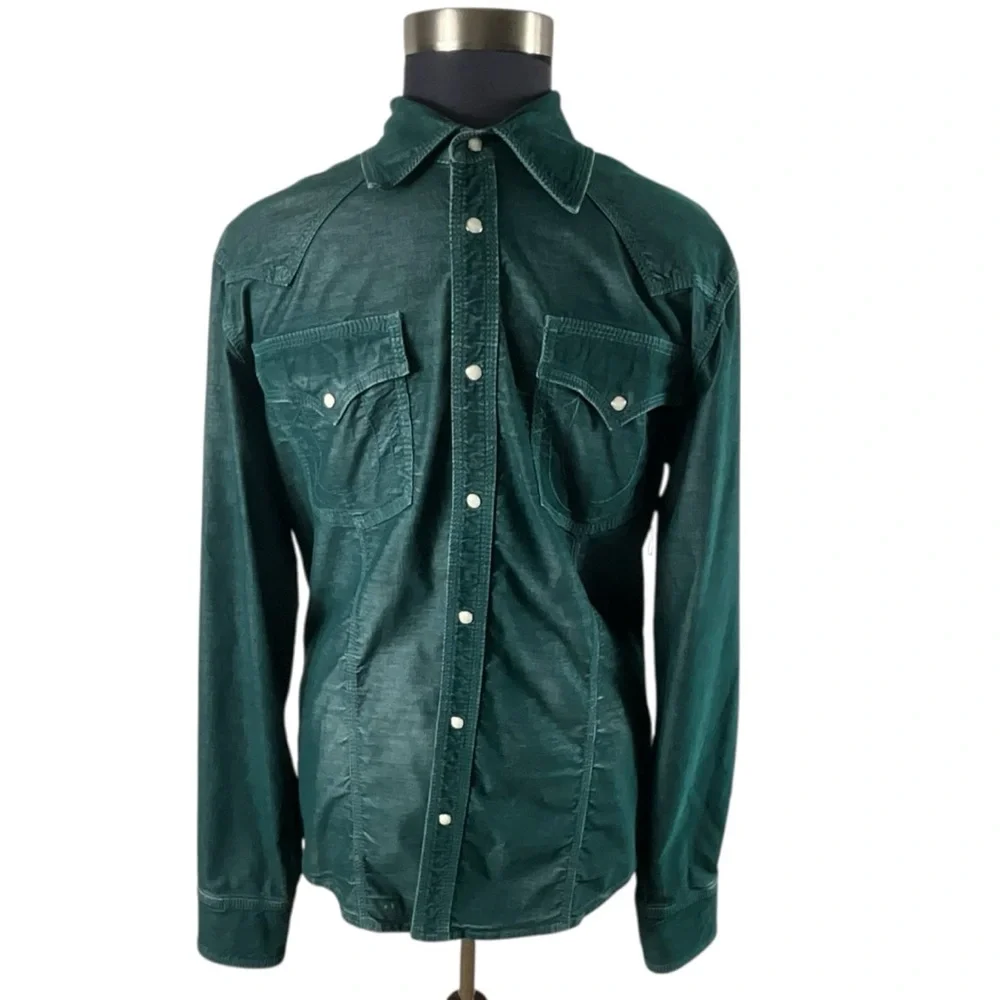 True Religion Rocky Men Dark Teal Chambray Corduroy Western Pearl button Shirt